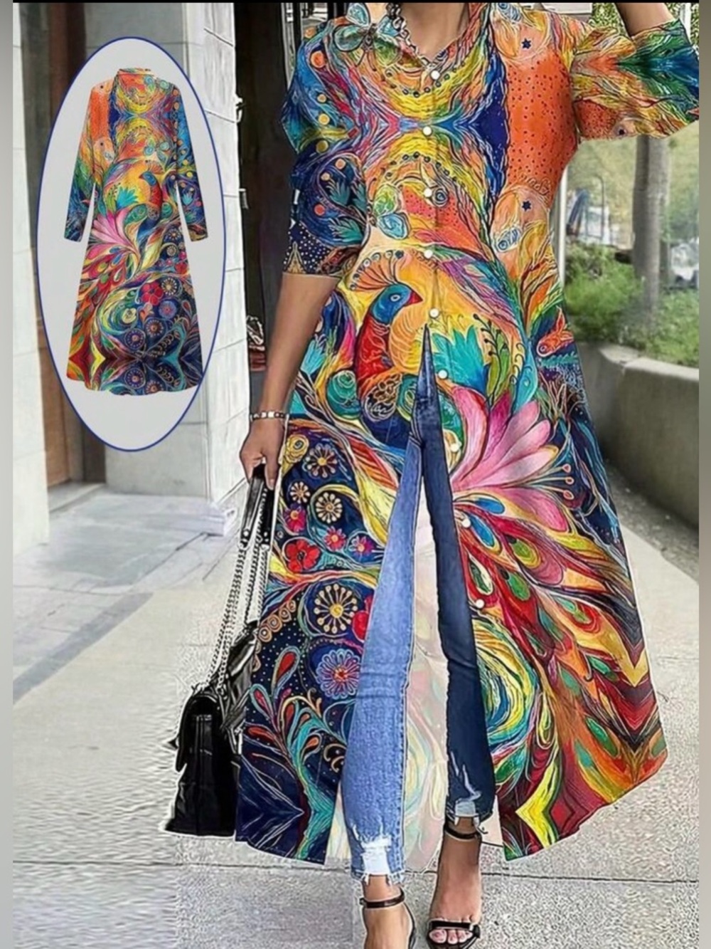 SHEIN Multicolor Peacock & Floral Button-Down Shirt